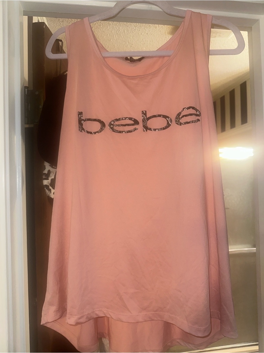 bebe Peach-Pink Logo Tank Top with black and white bandana print Bebe one x soft